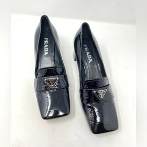 Prada Patent Leather Metal Triangle Logo Square Toe Loafer Pumps Black size 38